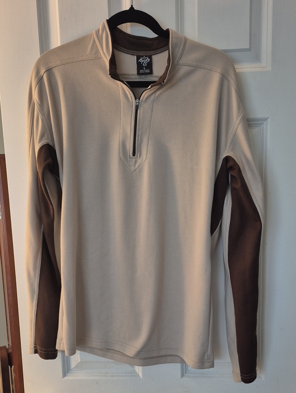 Men's Beige Quarter-Zip with Brown Sleeve Panels